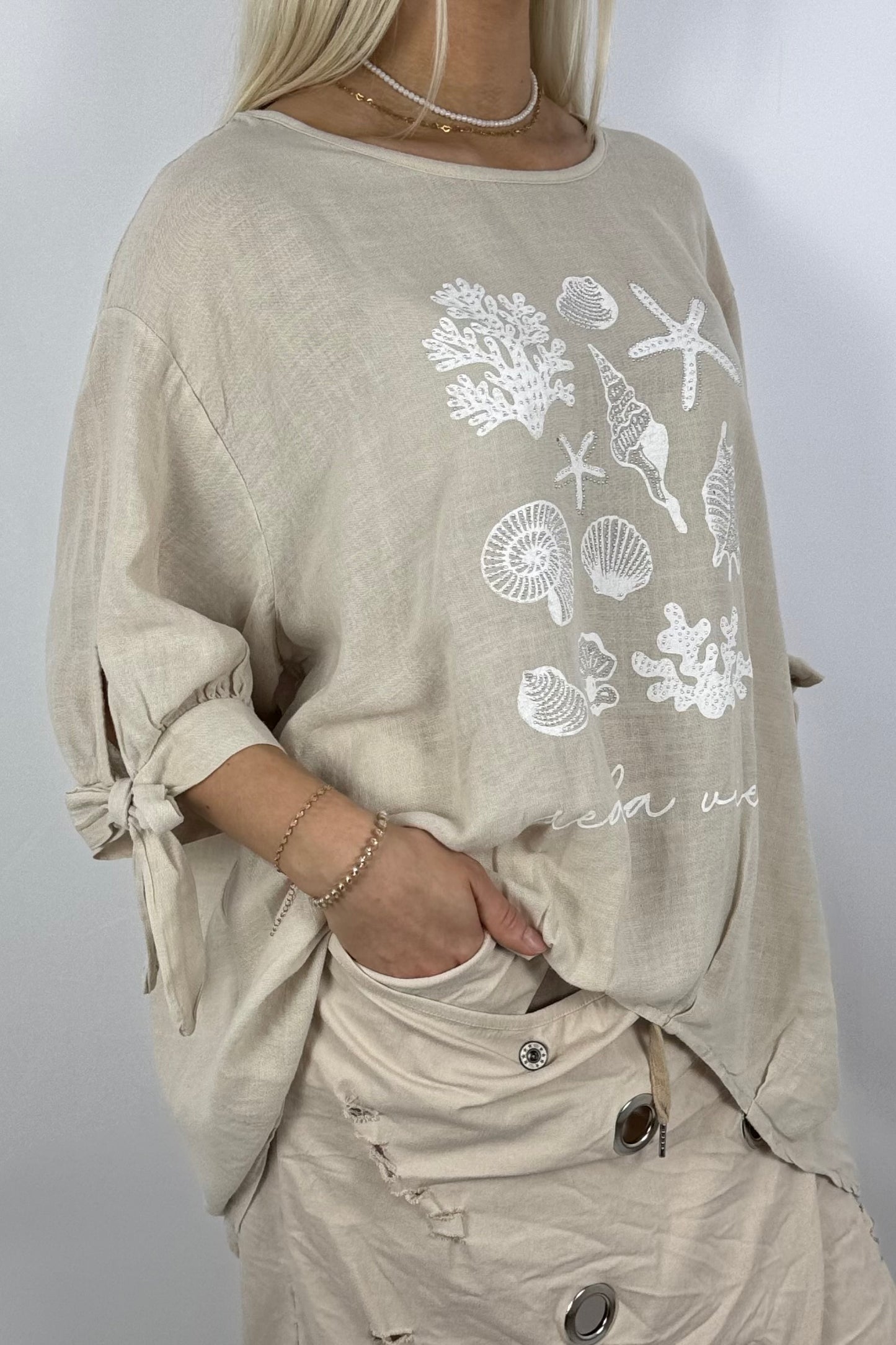 Leinenmix-Shirt „Sea La Vie“-Beige