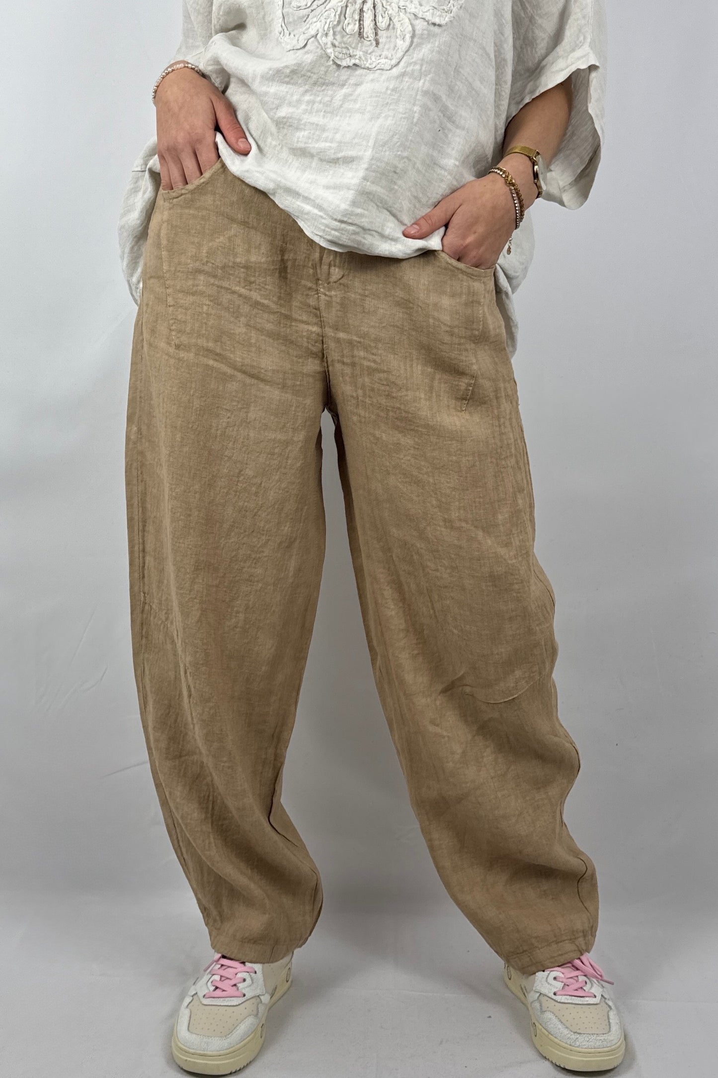 Lässige Leinenhose mit Knopfverschluss – Moderner Sommer Style-kamel