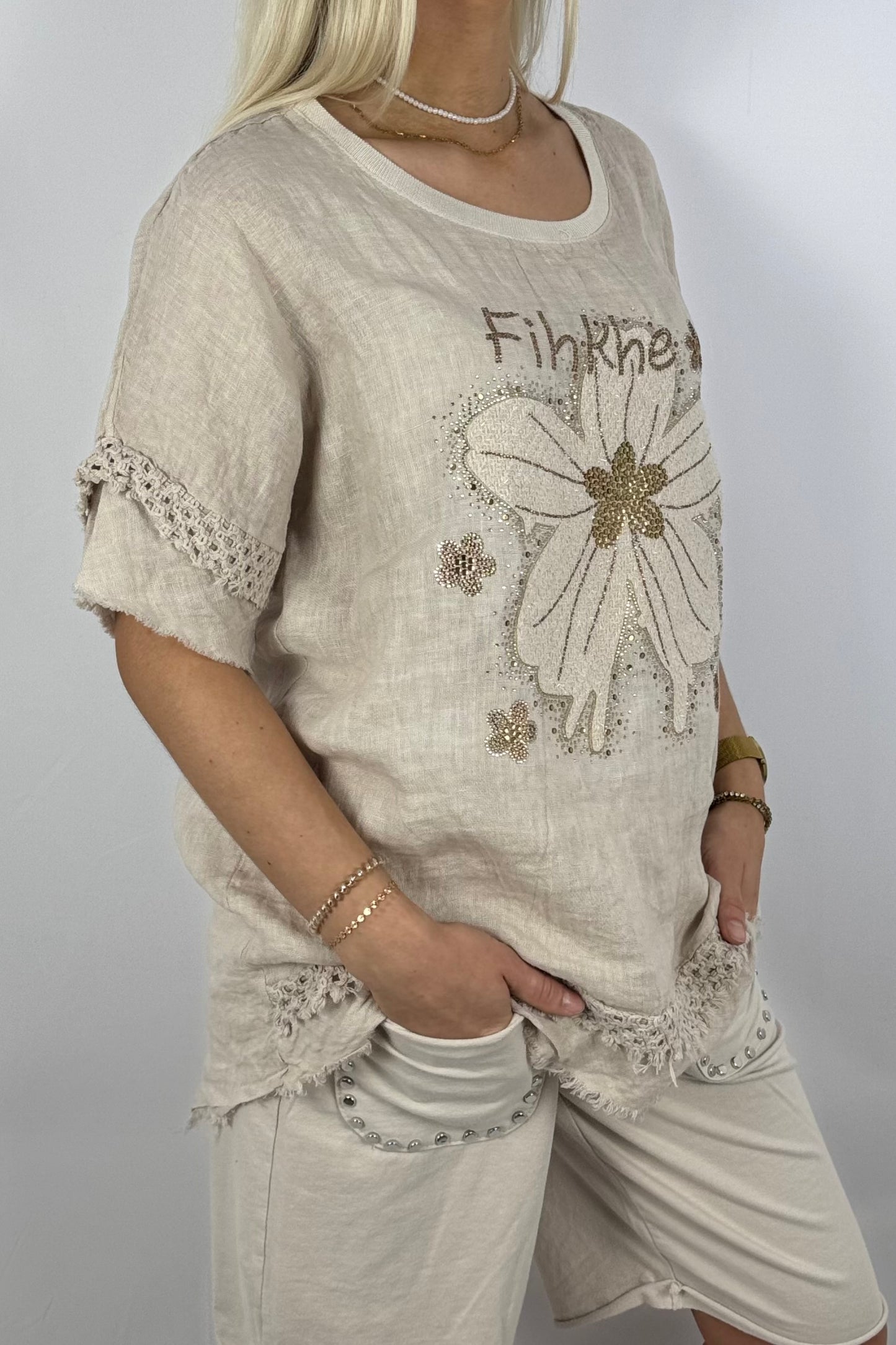 Leinen-Shirt mit Blumenprint & Häkel-Details-Beige