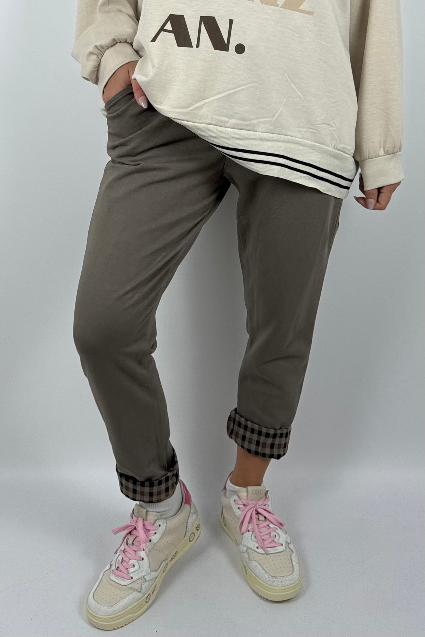 Damenhose mit Karomuster-Details & Bindegürtel-Mud