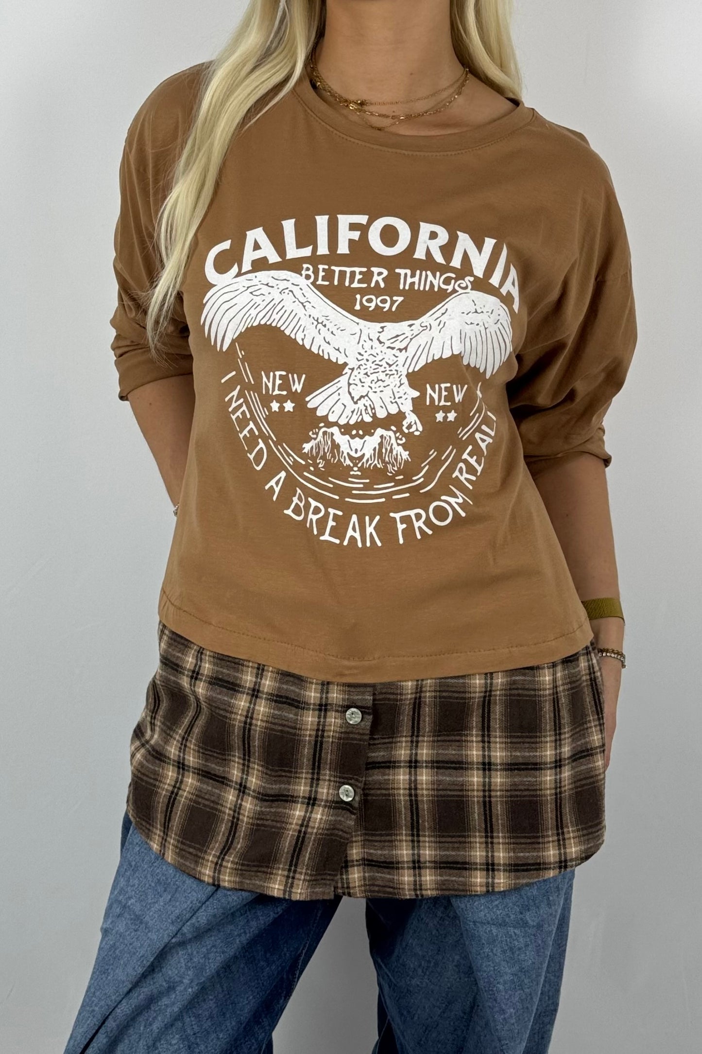 Damen Layering-Shirt „California“ – Karomuster-Look-Kamel
