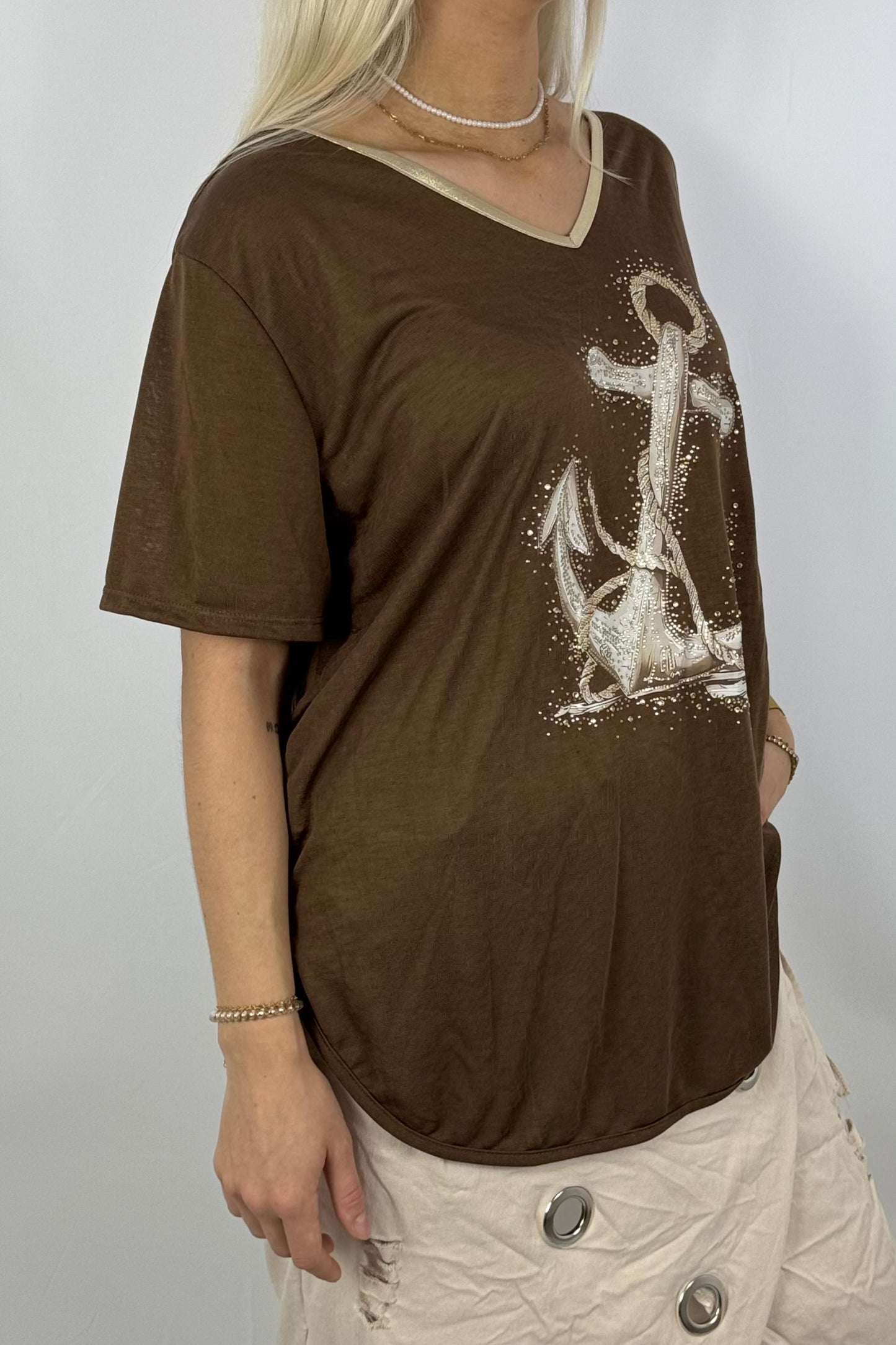 Oversize-Shirt mit Anker-Print & Golddetails-Schoko