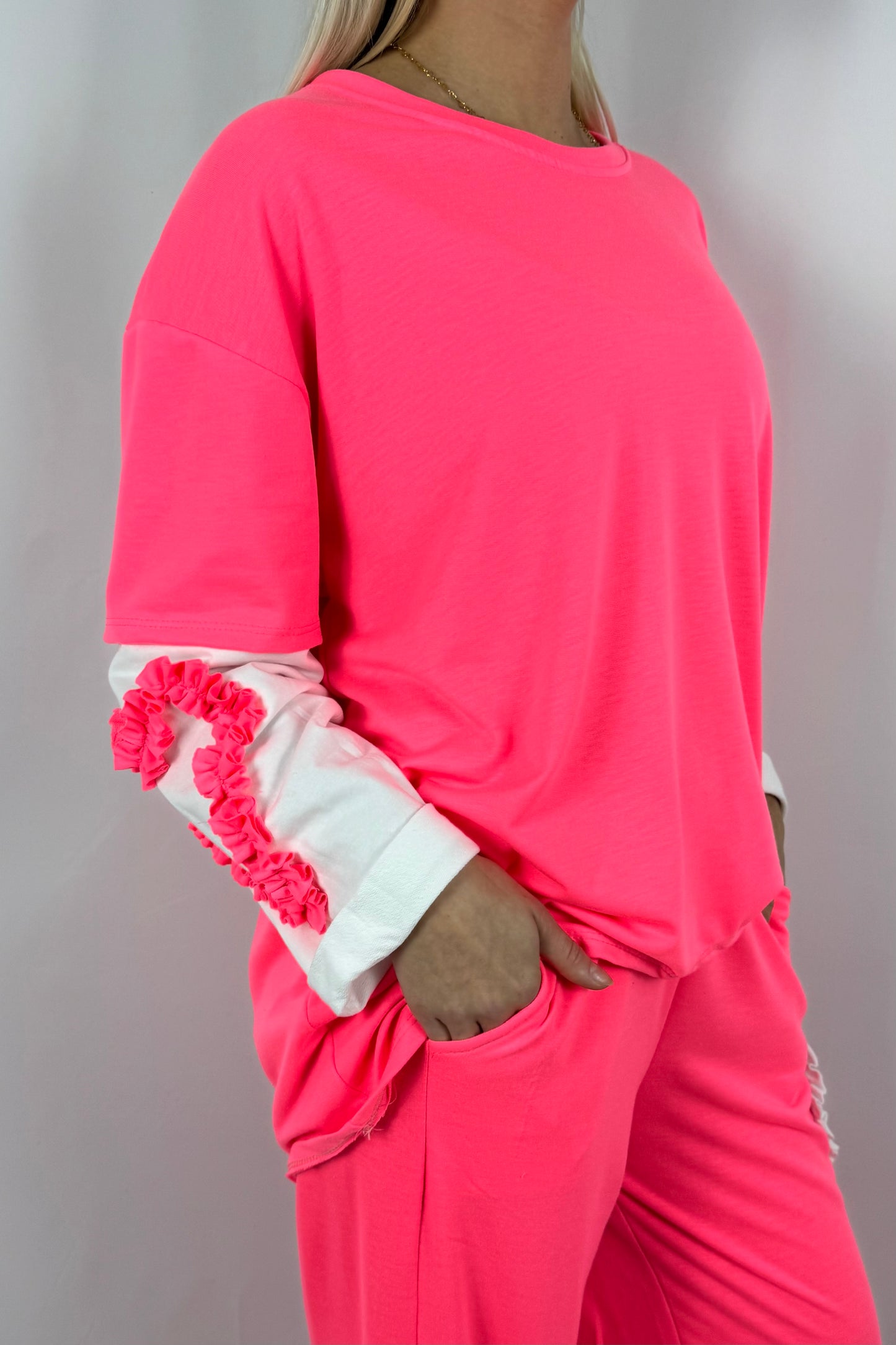 Damen Shirt mit Herz Applikation an den Ärmeln-Pink