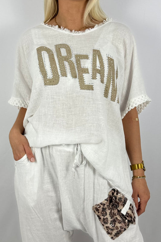 Leinen-Shirt „DREAM“ mit Strassdetails-Weiß