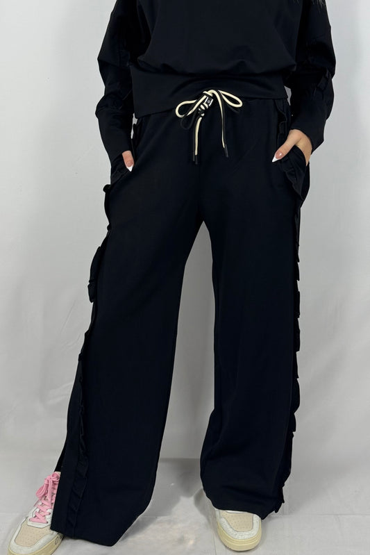 Lässige Hose mit Rüschen-Details-Schwarz