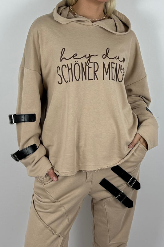 Oversize Hoodie „Hey du schöner Mensch“ mit Kapuze – Beige