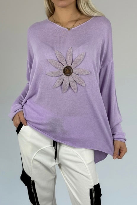 Shirt mit V-Ausschnitt & floraler Applikation-Lilla