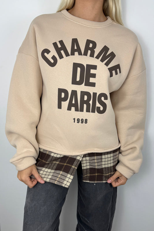 Sweatshirt mit „Charme de Paris“ Print und Karodetail-Beige