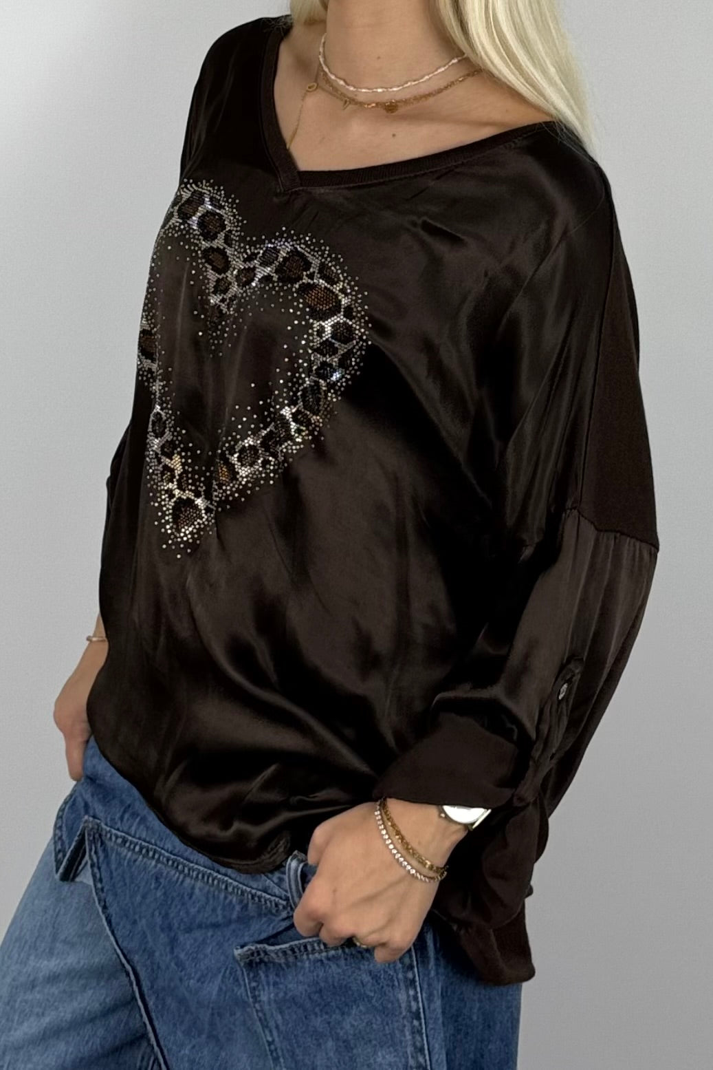 Damen Oversize Shirt mit Herz & Glitzer – Schoko