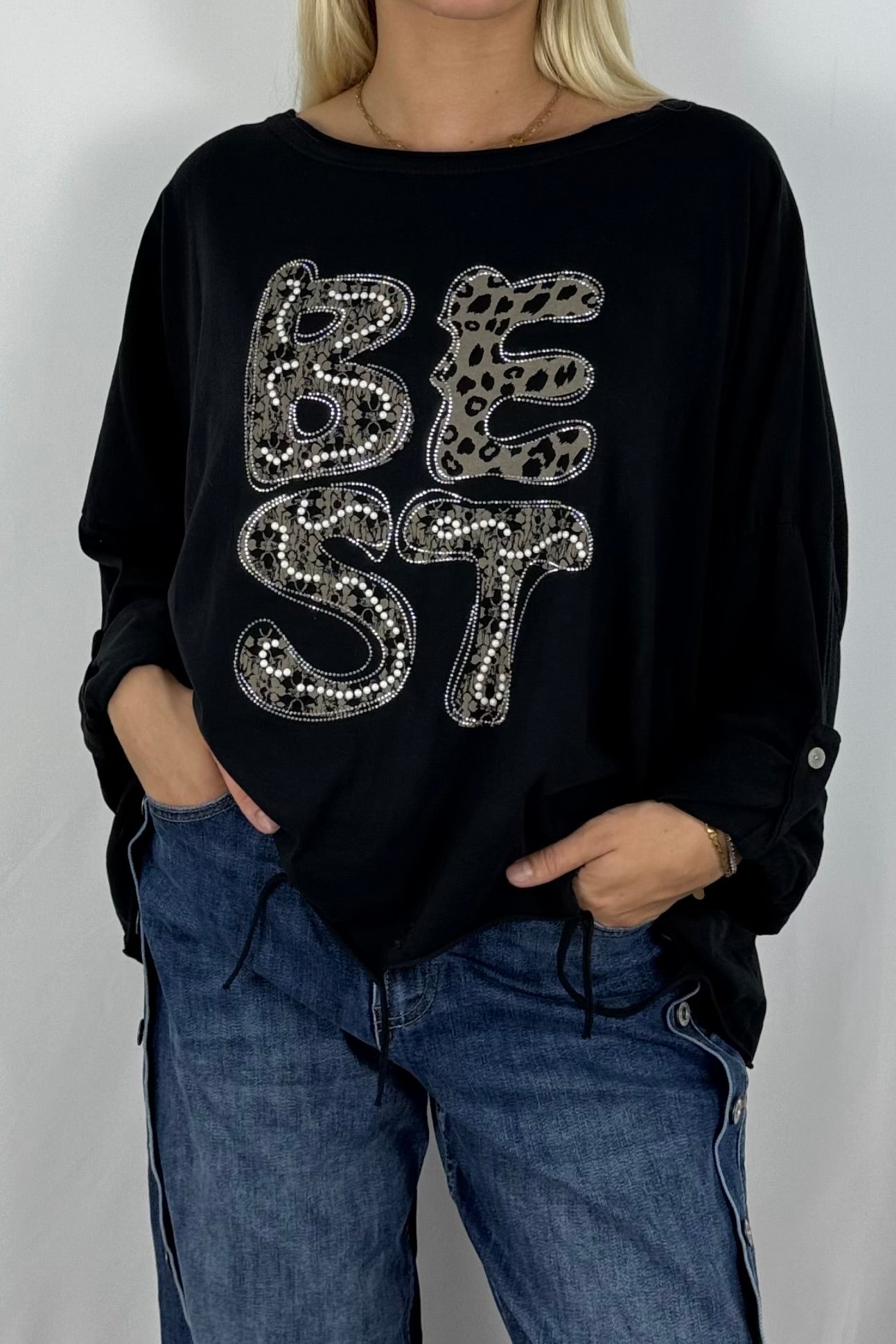 Oversize-Shirt „BEST“ mit Leo-Print und Strass-Details-Schwarz