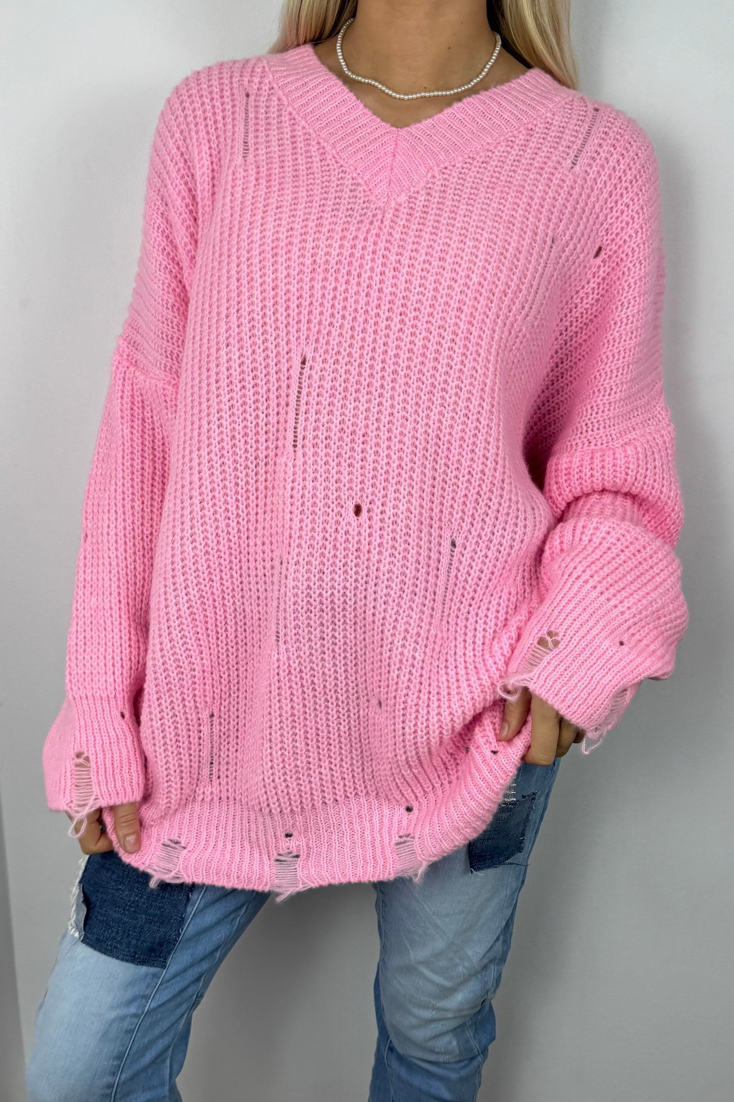 Oversize Strickpullover mit V-Ausschnitt – Rosa