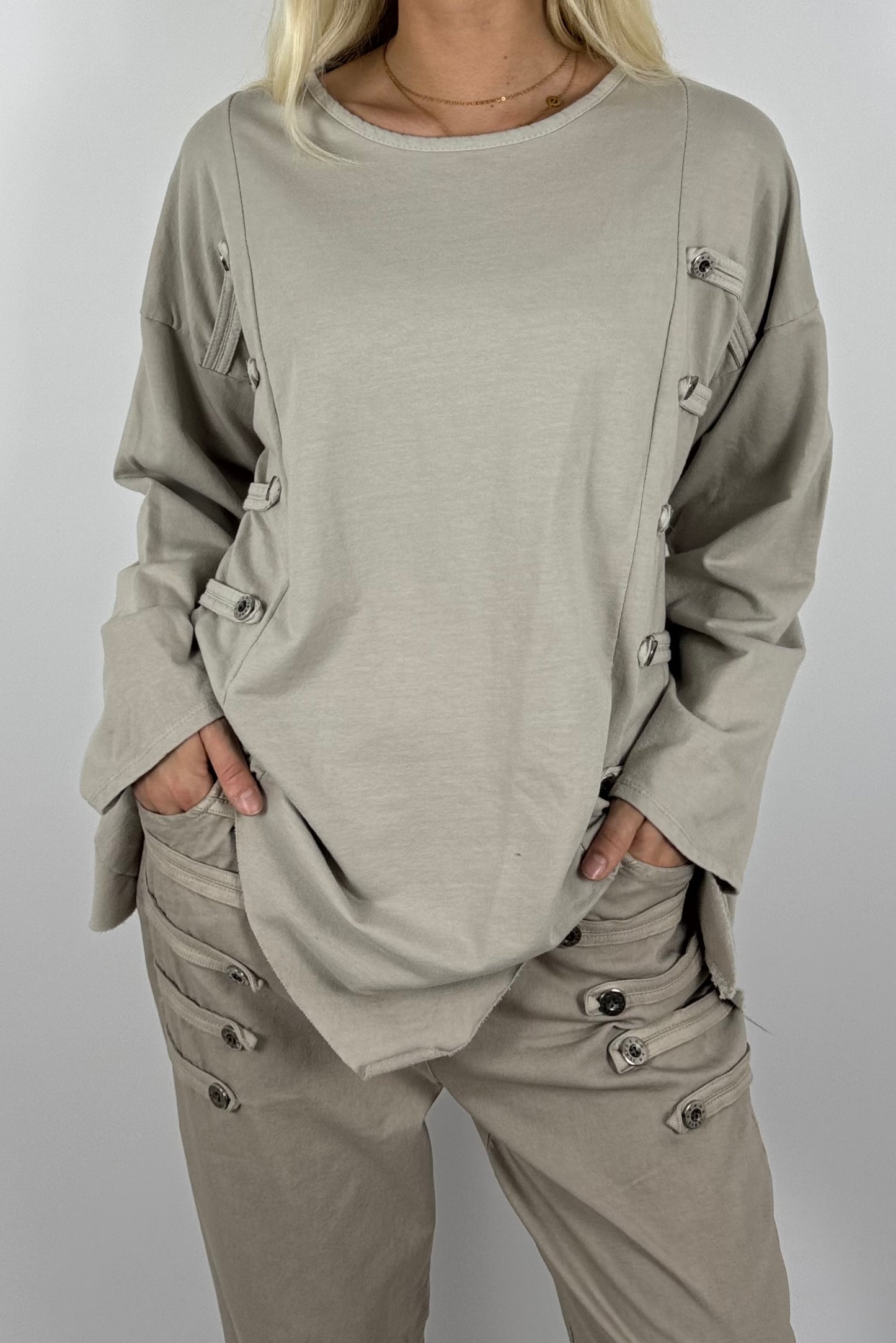 Damen Oversize Shirt mit Knopfdetails – Beige