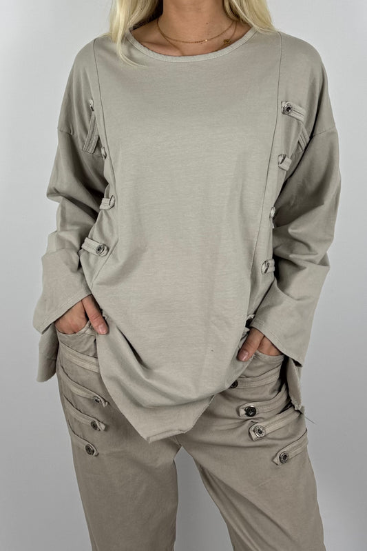 Damen Oversize Shirt mit Knopfdetails – Beige