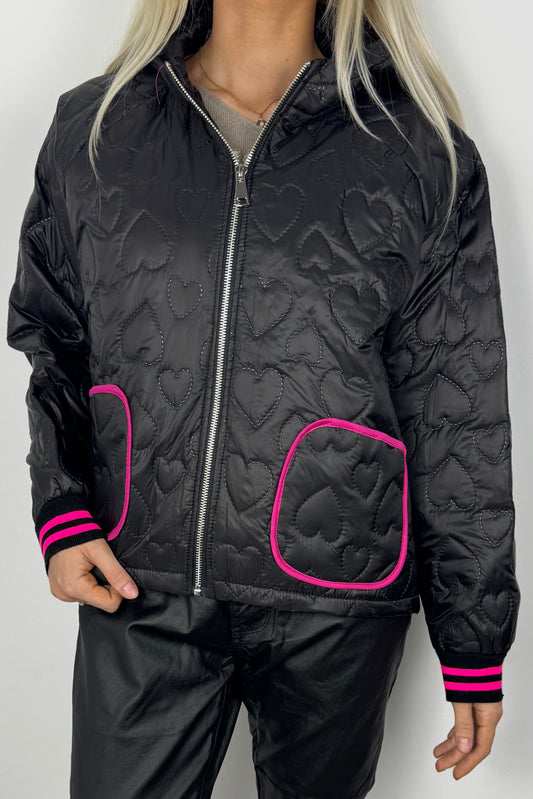 Leichte Steppjacke mit Herzmuster und Kapuze-Schwarz
