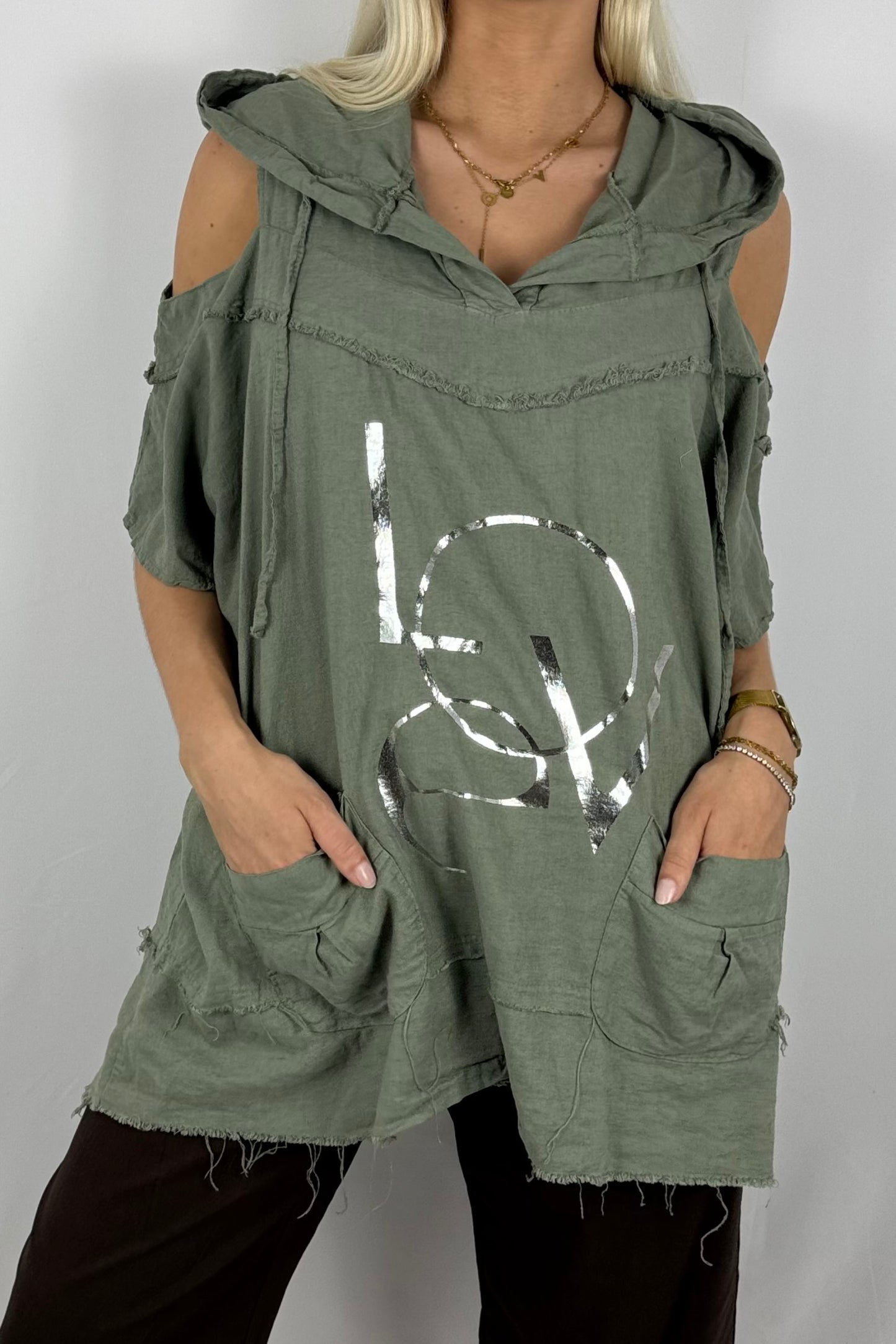 Leinen-Top mit Kapuze & LOVE-Print-Khaki