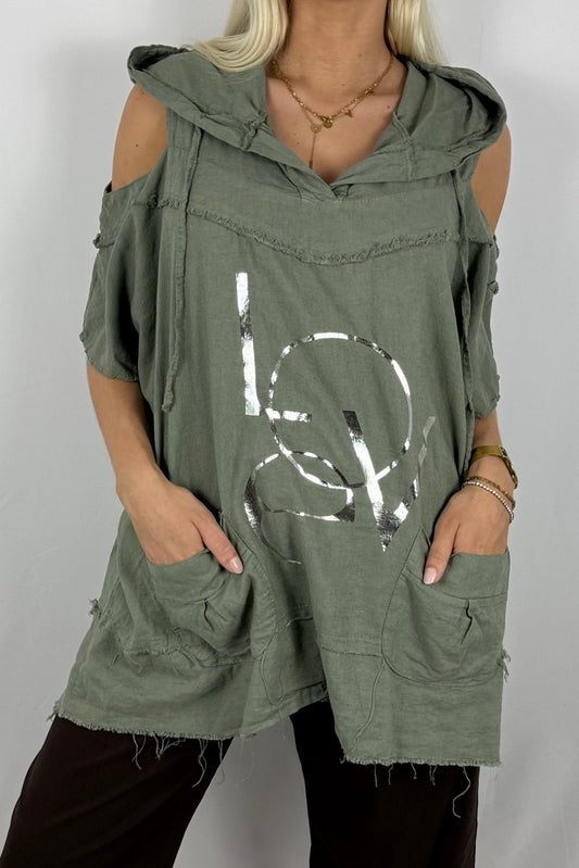 Leinen-Top mit Kapuze & LOVE-Print-Khaki