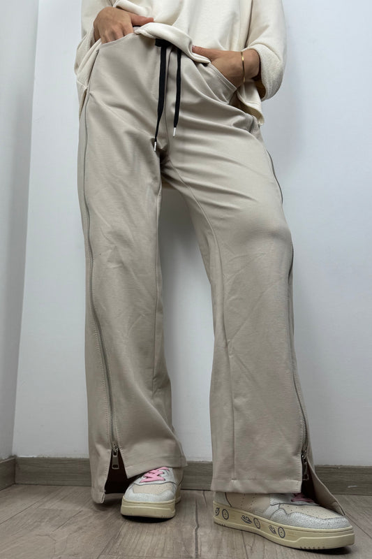 Damen Hose mit seitlichen Reißverschlüssen und elastischem Bund –Beige