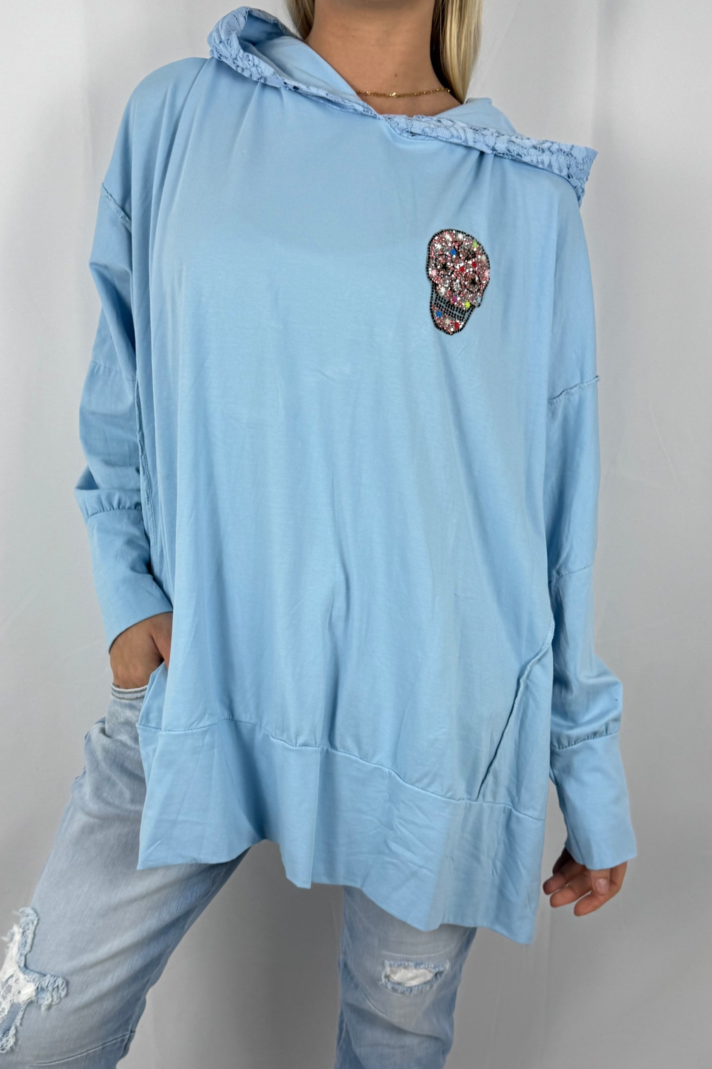 Damen Hoodie mit Strass Totenkopf-Hellblau