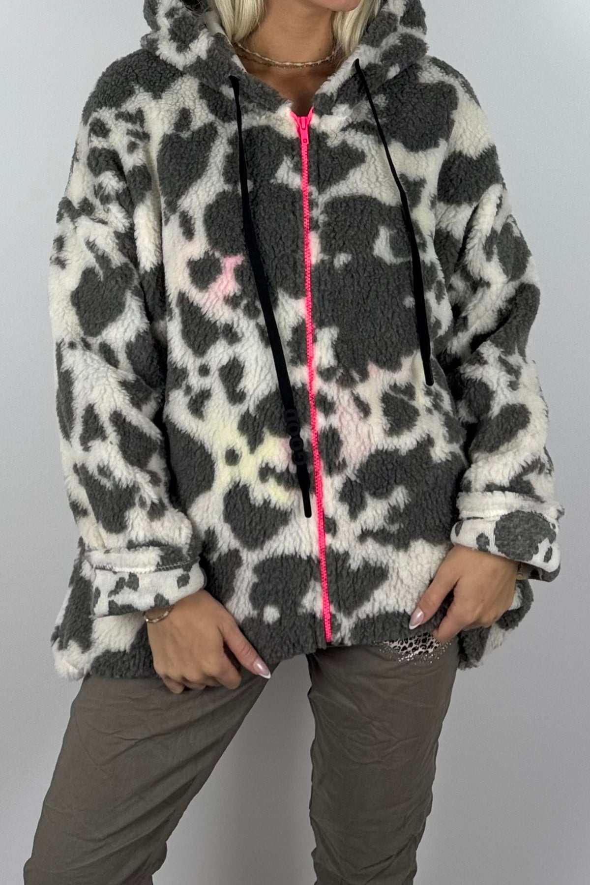 Damen Teddyjacke mit Kapuze-Hell grau
