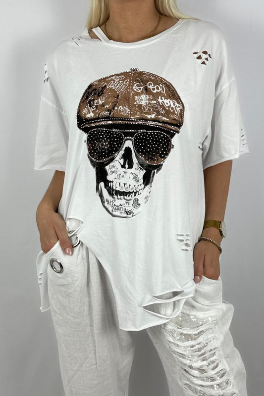 Oversize Shirt mit Skull-Print & Destroyed-Look-Weiß