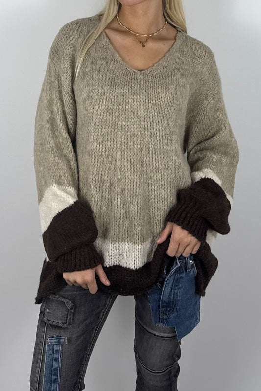 Damen Oversize Strickpullover mit V-Ausschnitt – Beige