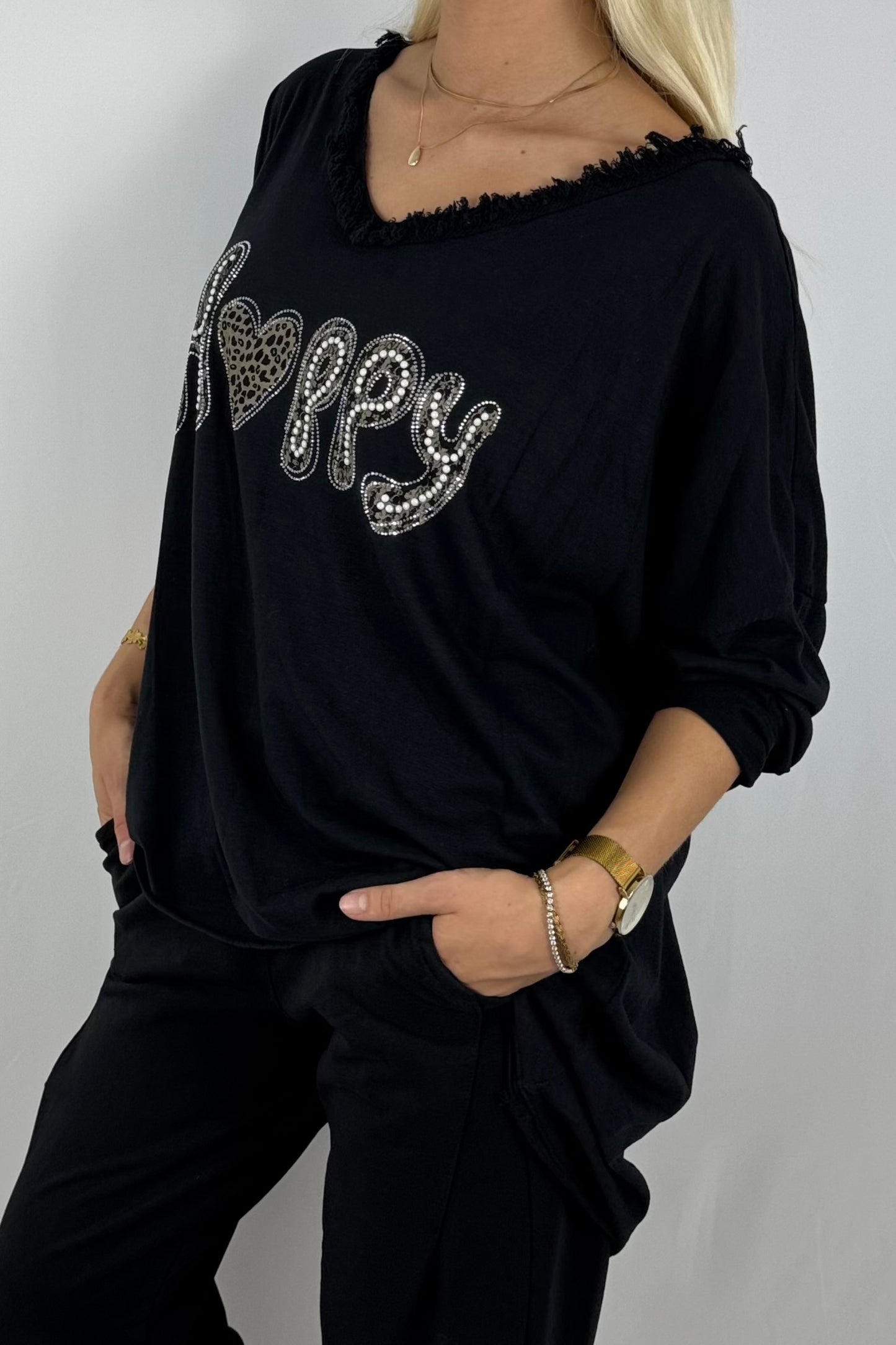 Damen Oversize Shirt – Happy Print-Schwarz