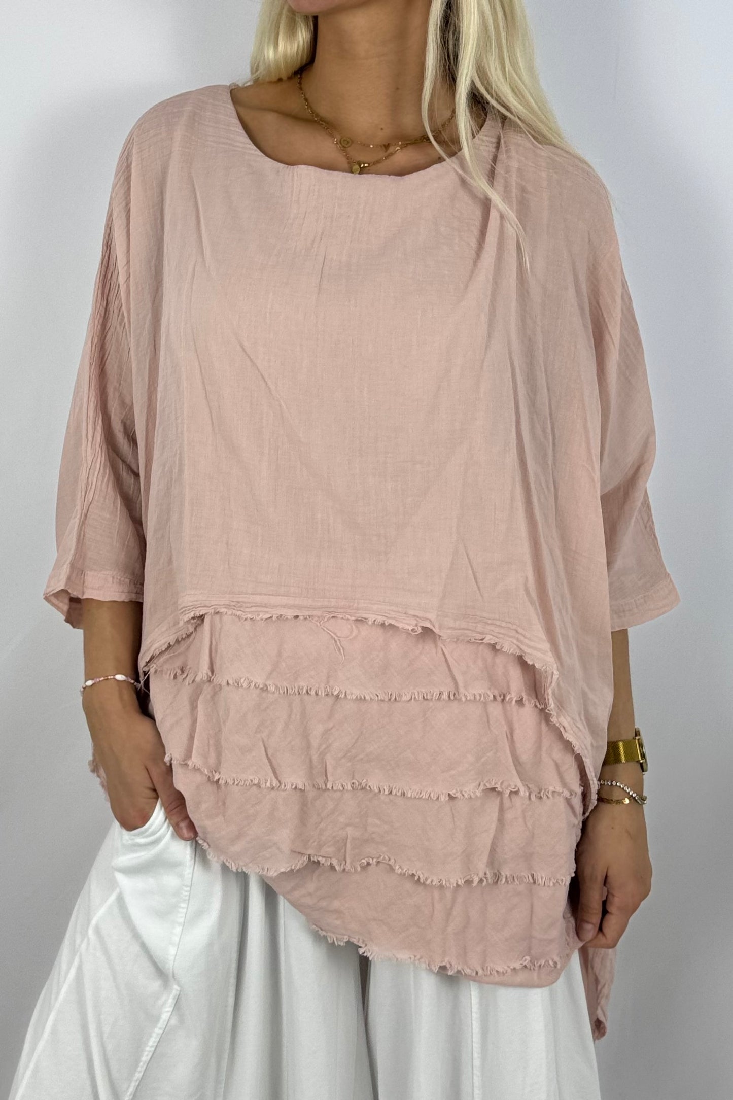 Oversize Baumwollshirt mit Volant-Rückseite-Rosa
