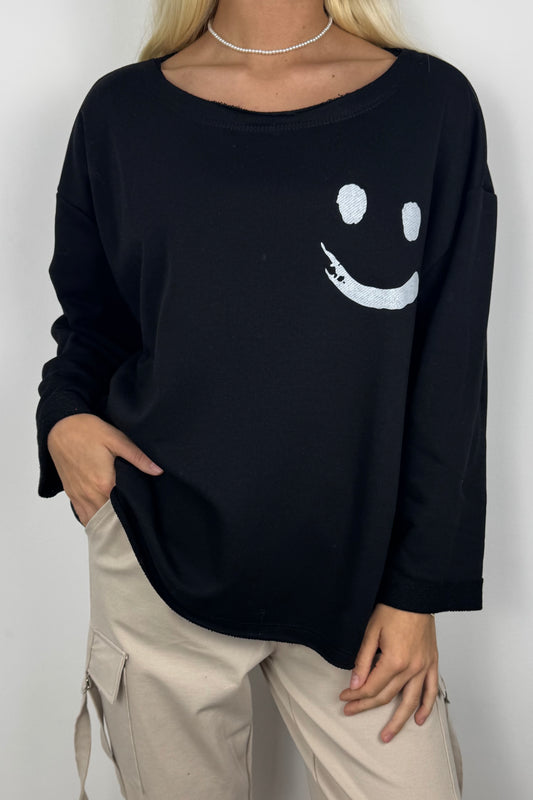 Damen Shirt mit Smiley-Print –Schwarz