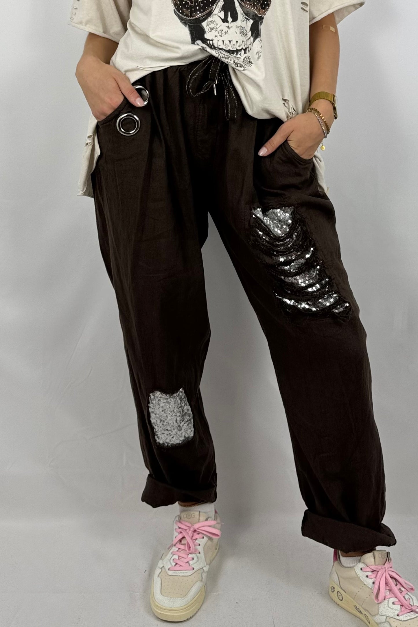 Leinen-Viskose Hose mit Pailletten-Details-Choco