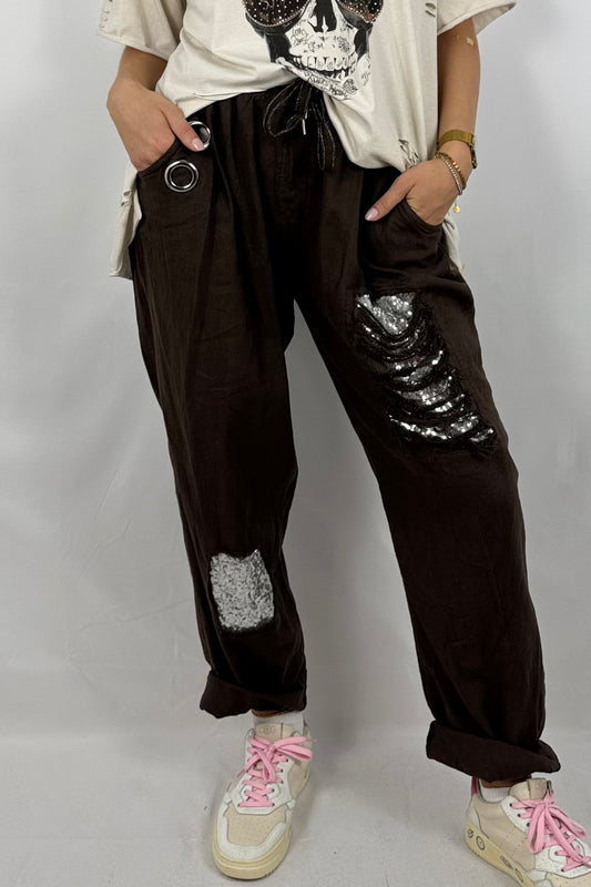Leinen-Viskose Hose mit Pailletten-Details-Choco