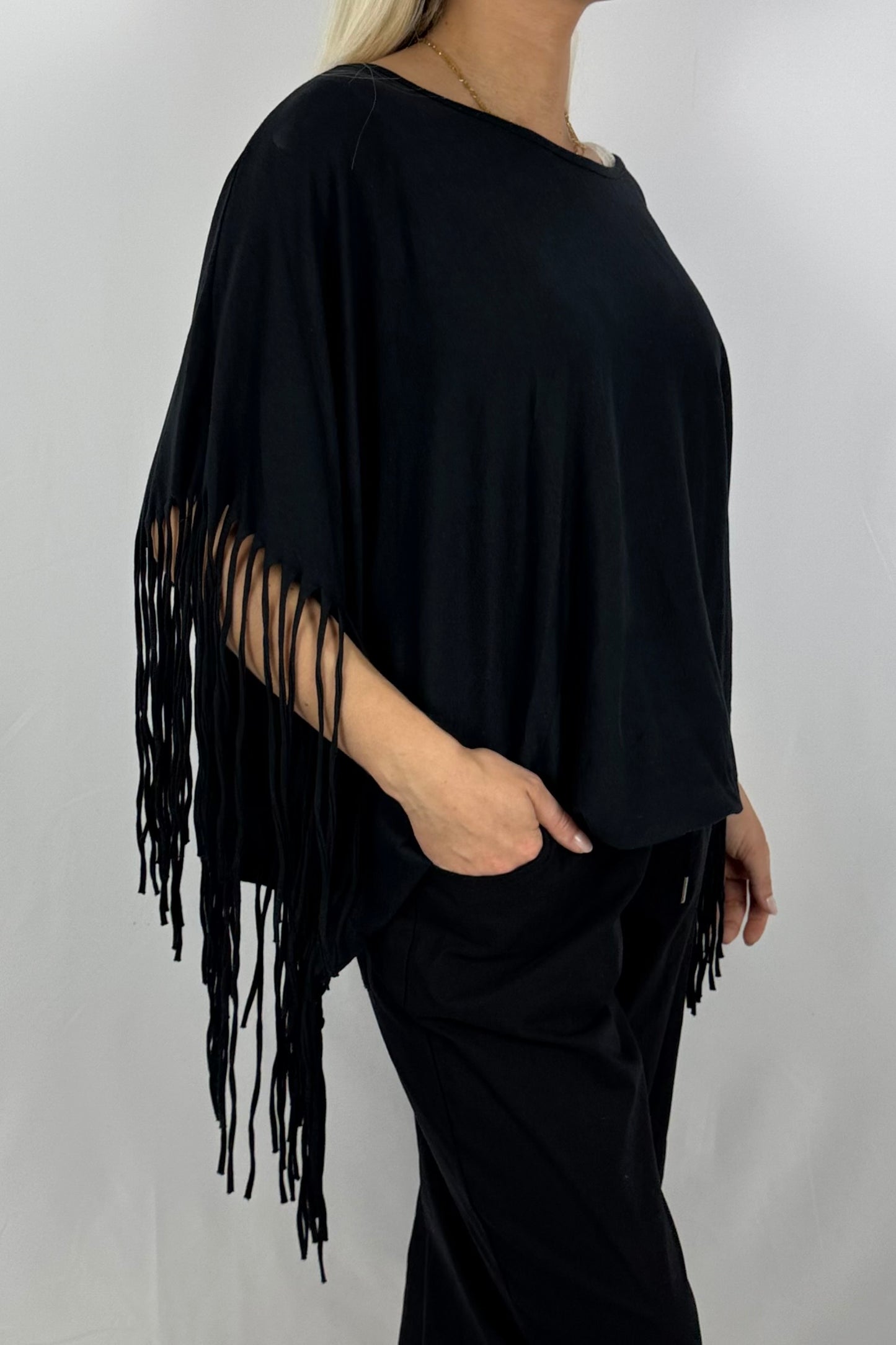 Fransen-Shirt aus Baumwollmix-Schwarz
