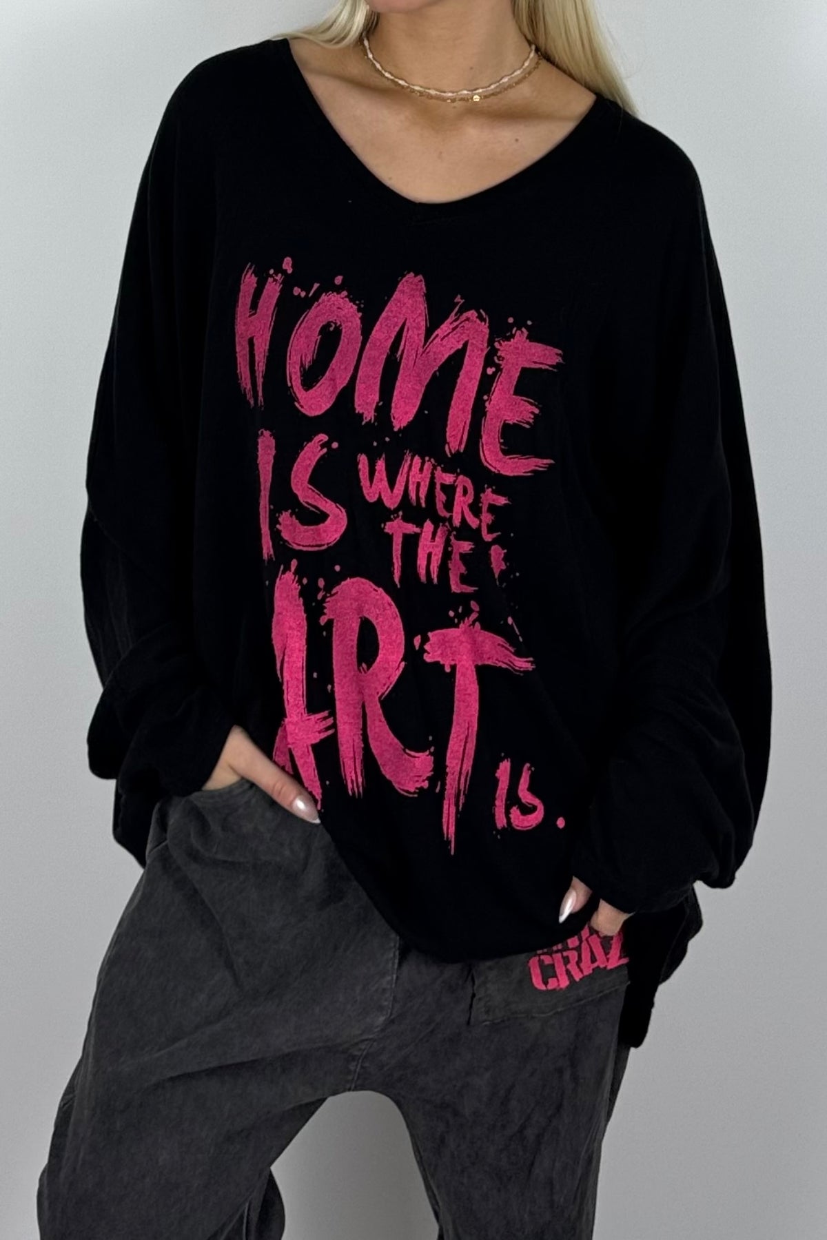 Damen Oversize-Shirt mit Statement-Print-Schwarz