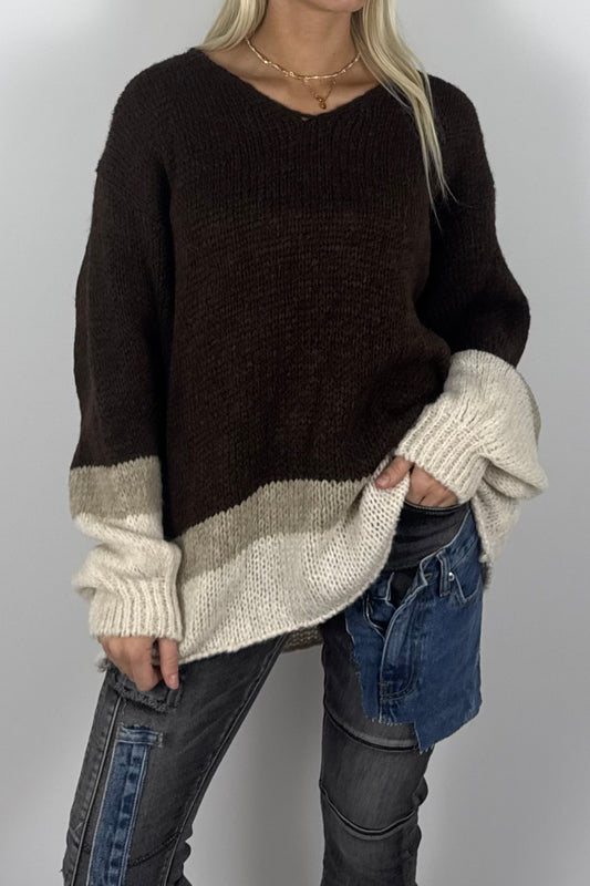 Damen Oversize Strickpullover mit V-Ausschnitt – Coffee