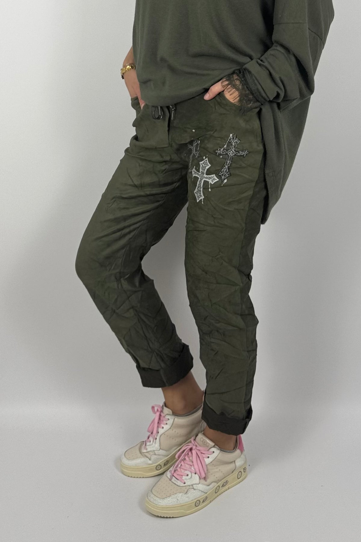 Damen Hose mit Kreuz-Details –Khaki