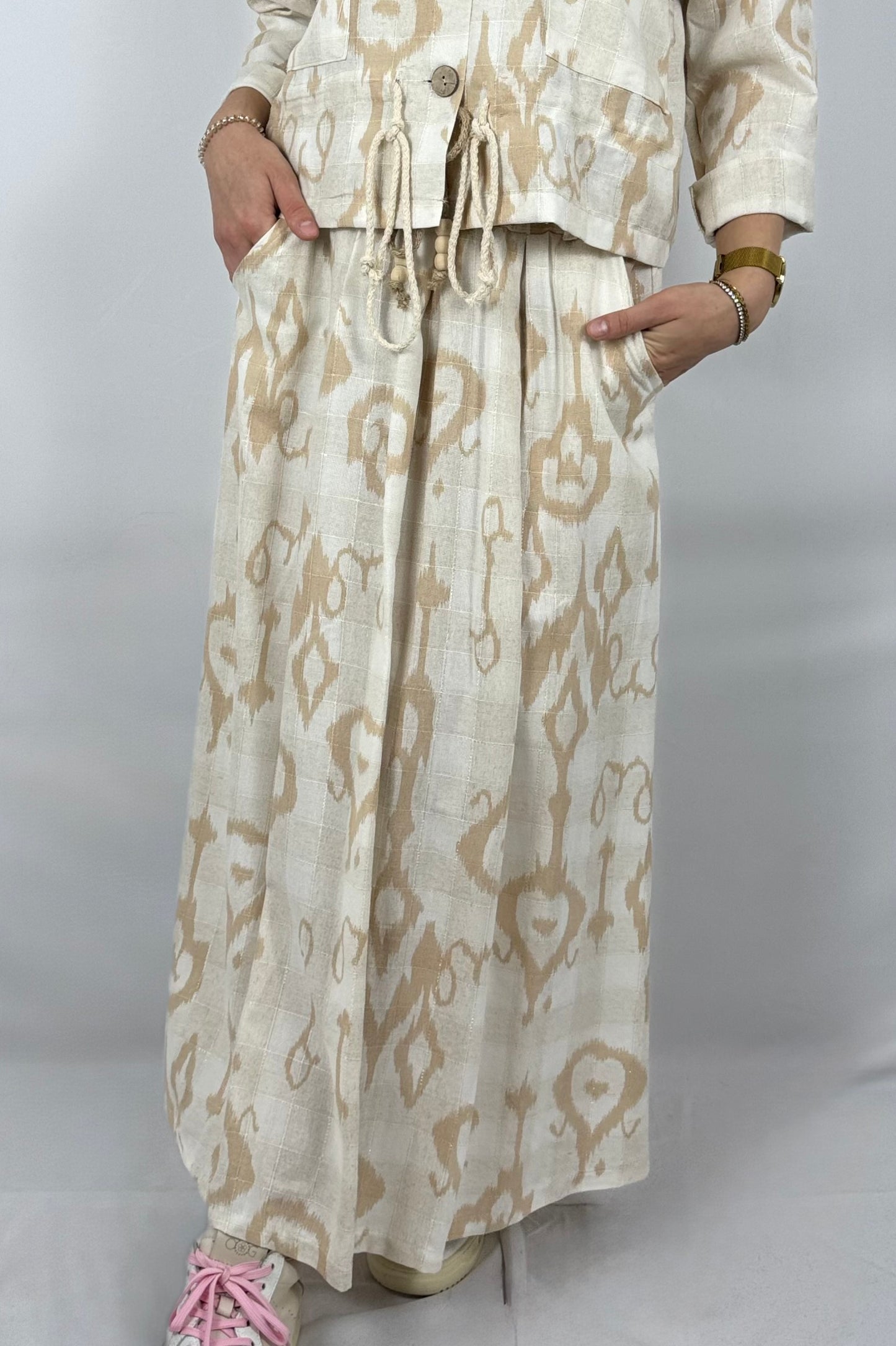 Boho Rock mit Print – Leinen/Viskose-Beige