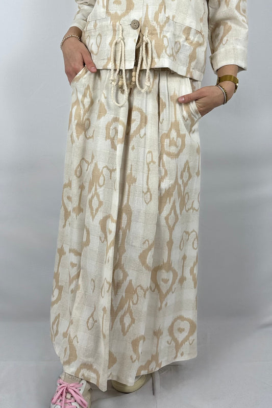 Boho Rock mit Print – Leinen/Viskose-Beige