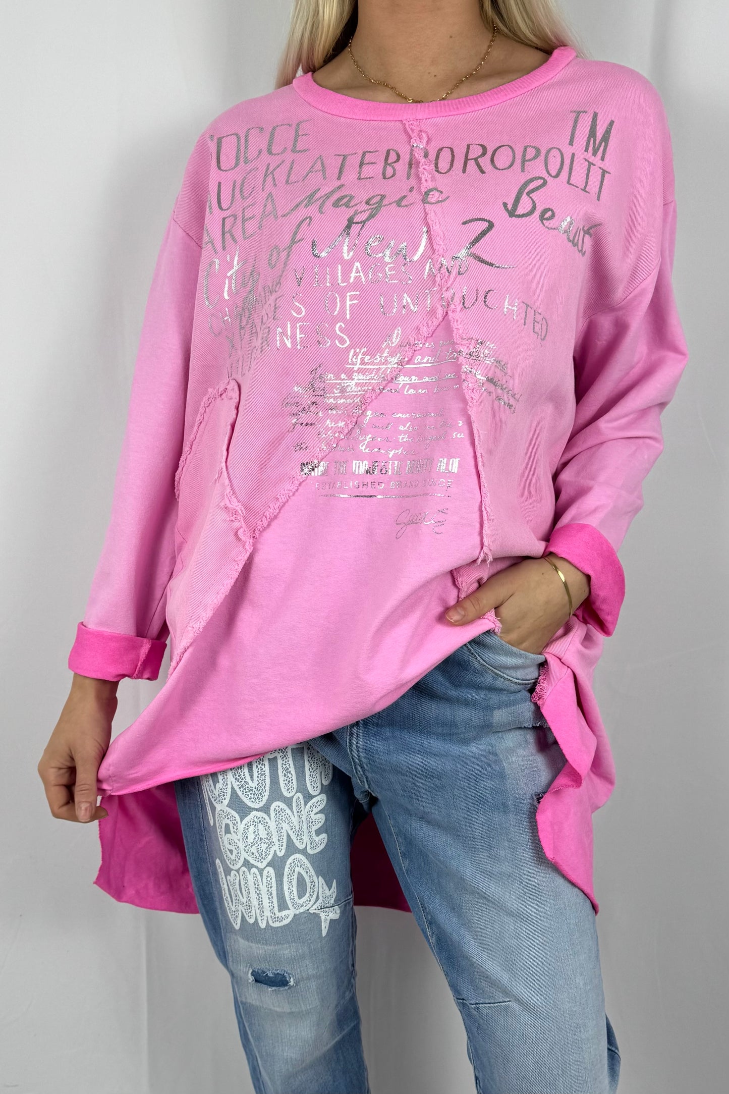 Damen Oversize Longshirt mit Schrift Print-Pink
