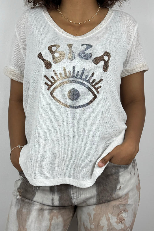 Damen-T-Shirt mit „Ibiza“-Print und V-Ausschnitt