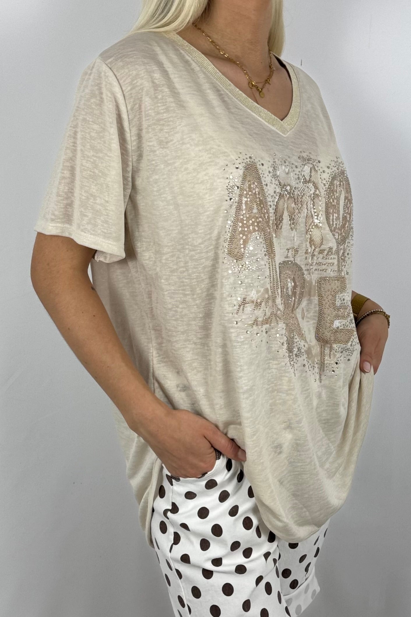 Shirt „AMORE“ mit Glitzer-Print-Beige