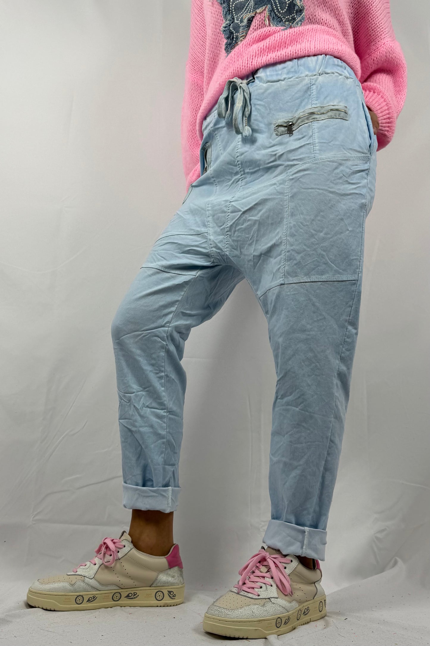 Hose mit elastischem Bund & Reißverschlusstaschen-Hellblau
