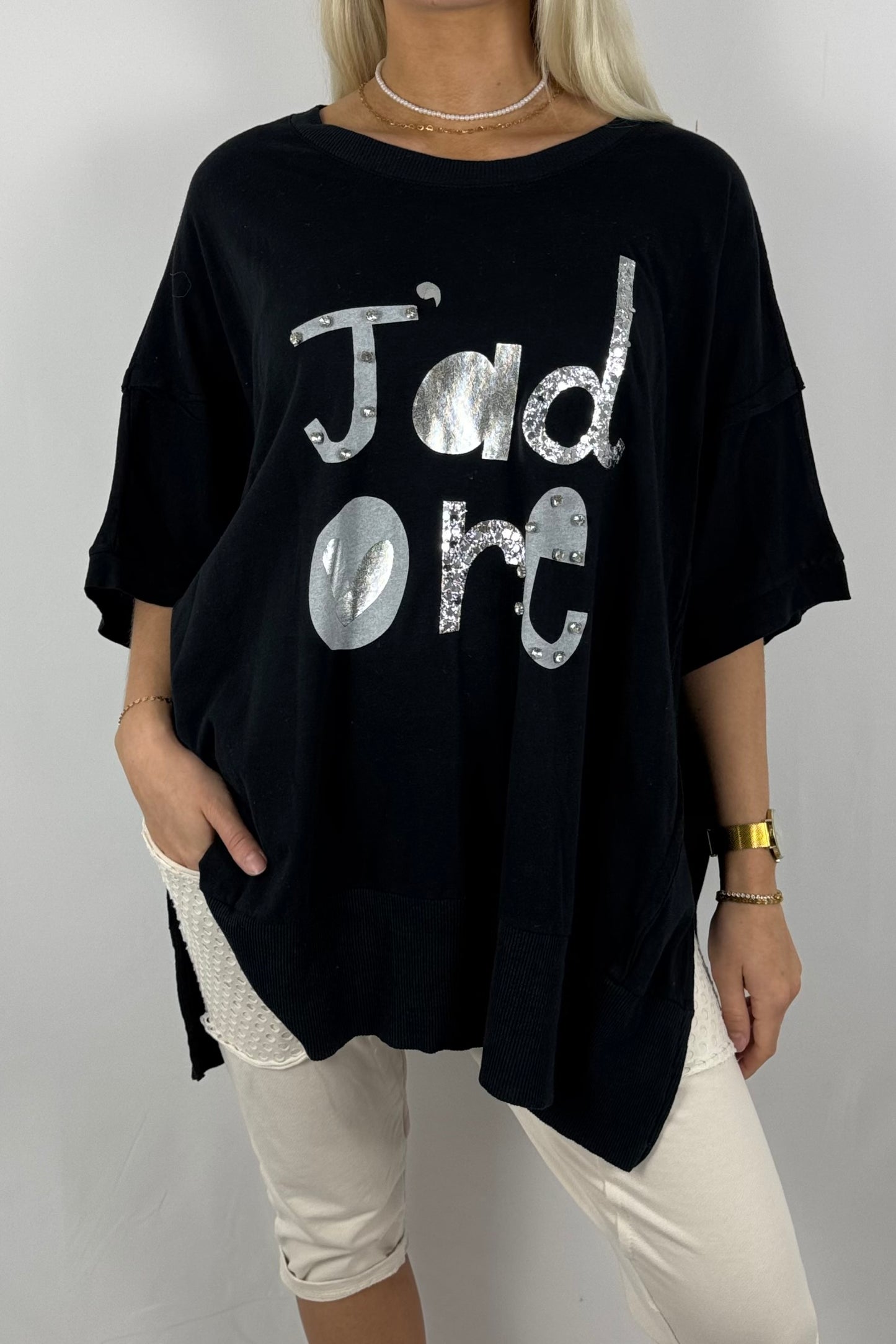Oversize-Shirt „J’adore“ mit Glitzer-Print-Schwarz