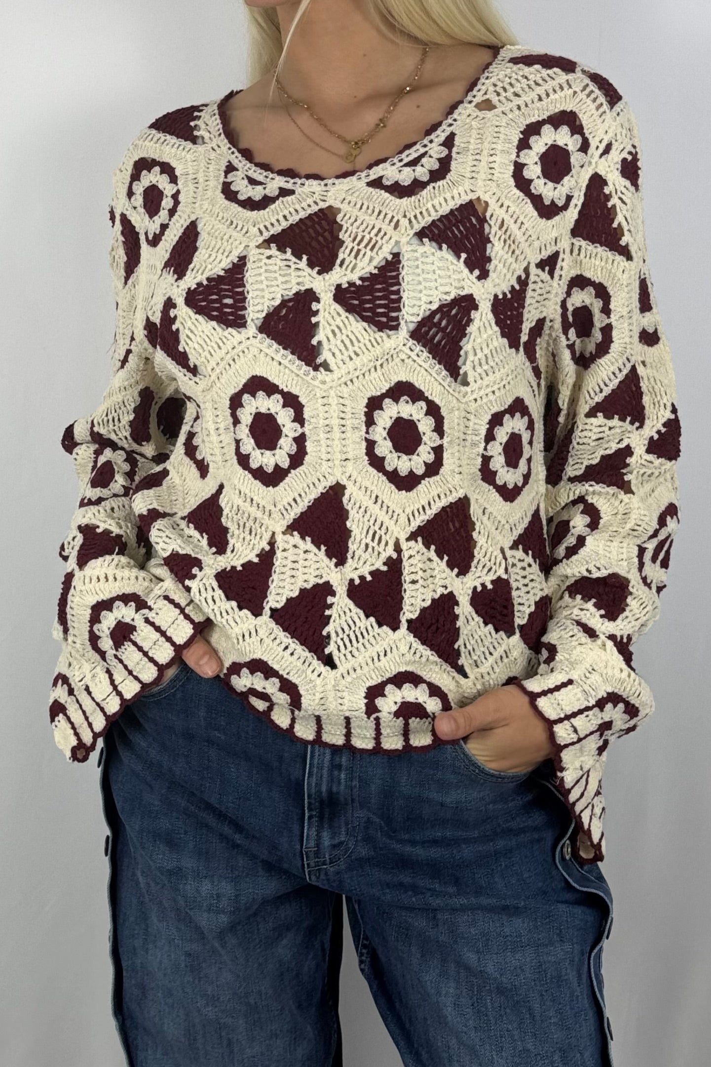Damen Häkelpullover – Boho Style-Schoko
