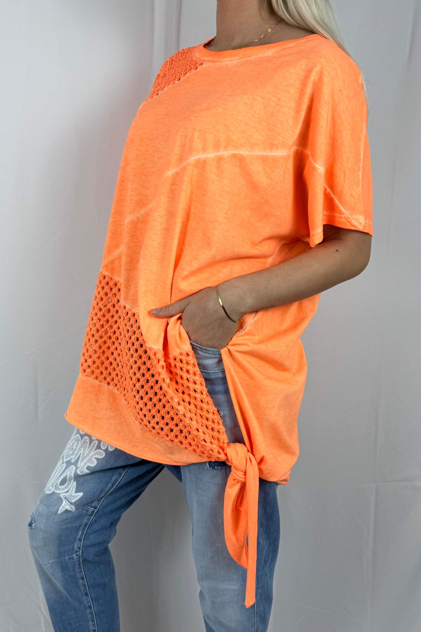 Damen Oversize Shirt mit Netz Einsatz und Bindeband-Neon Orange
