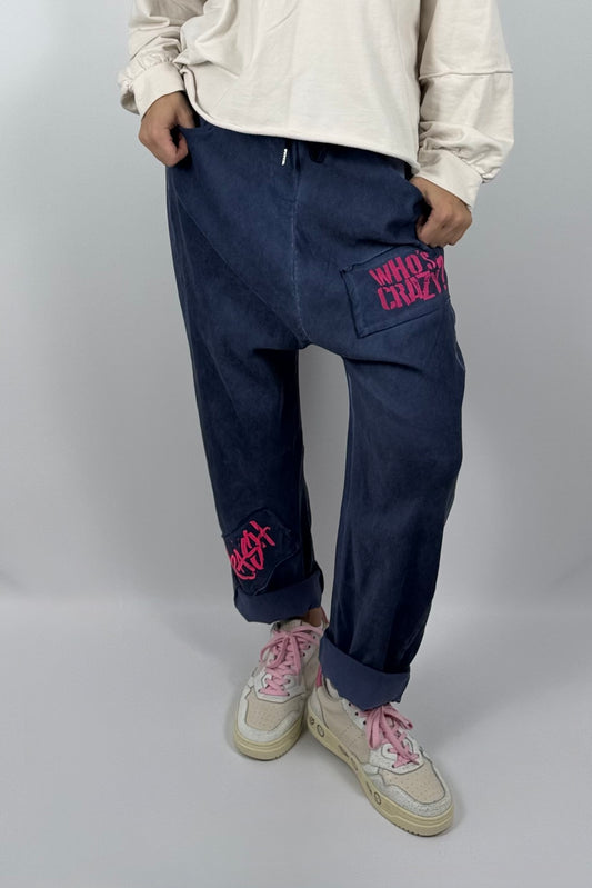 Damen Baggy-Hose mit Statement-Print-Navy