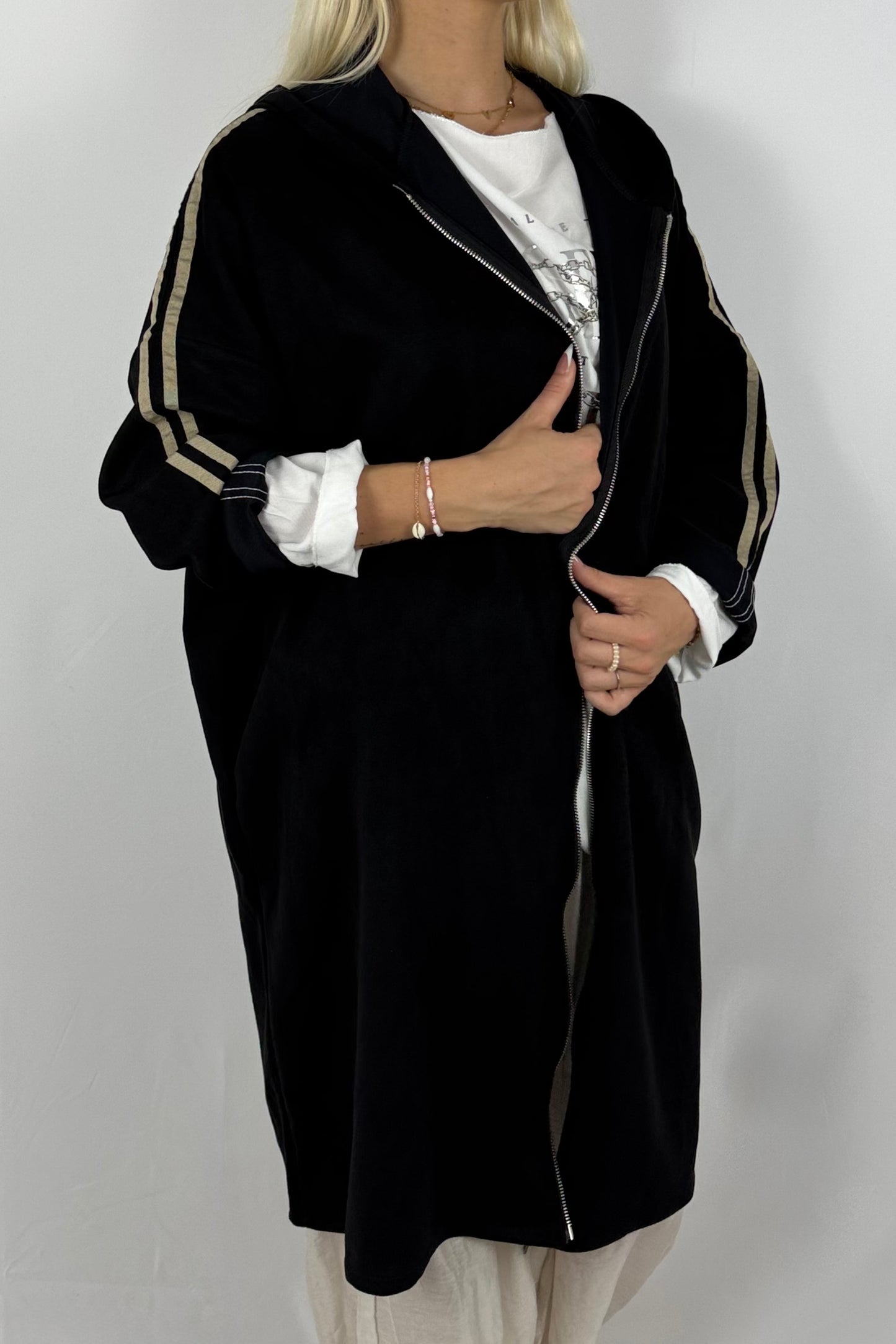 Lässige Longjacke in Velours-Optik mit Kapuze-Schwarz