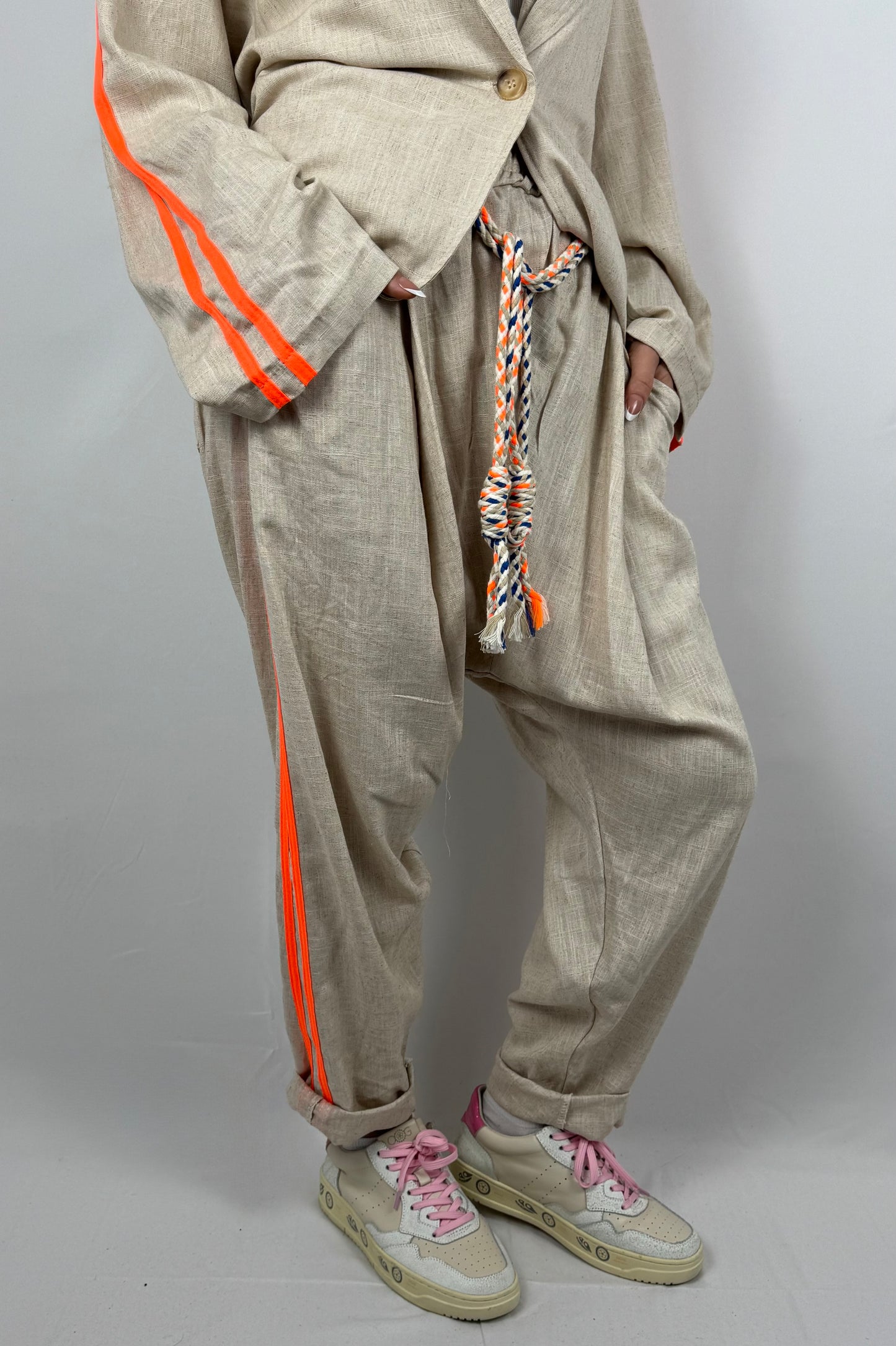 Leinen Hose mit Streifen & Kordel-Orange