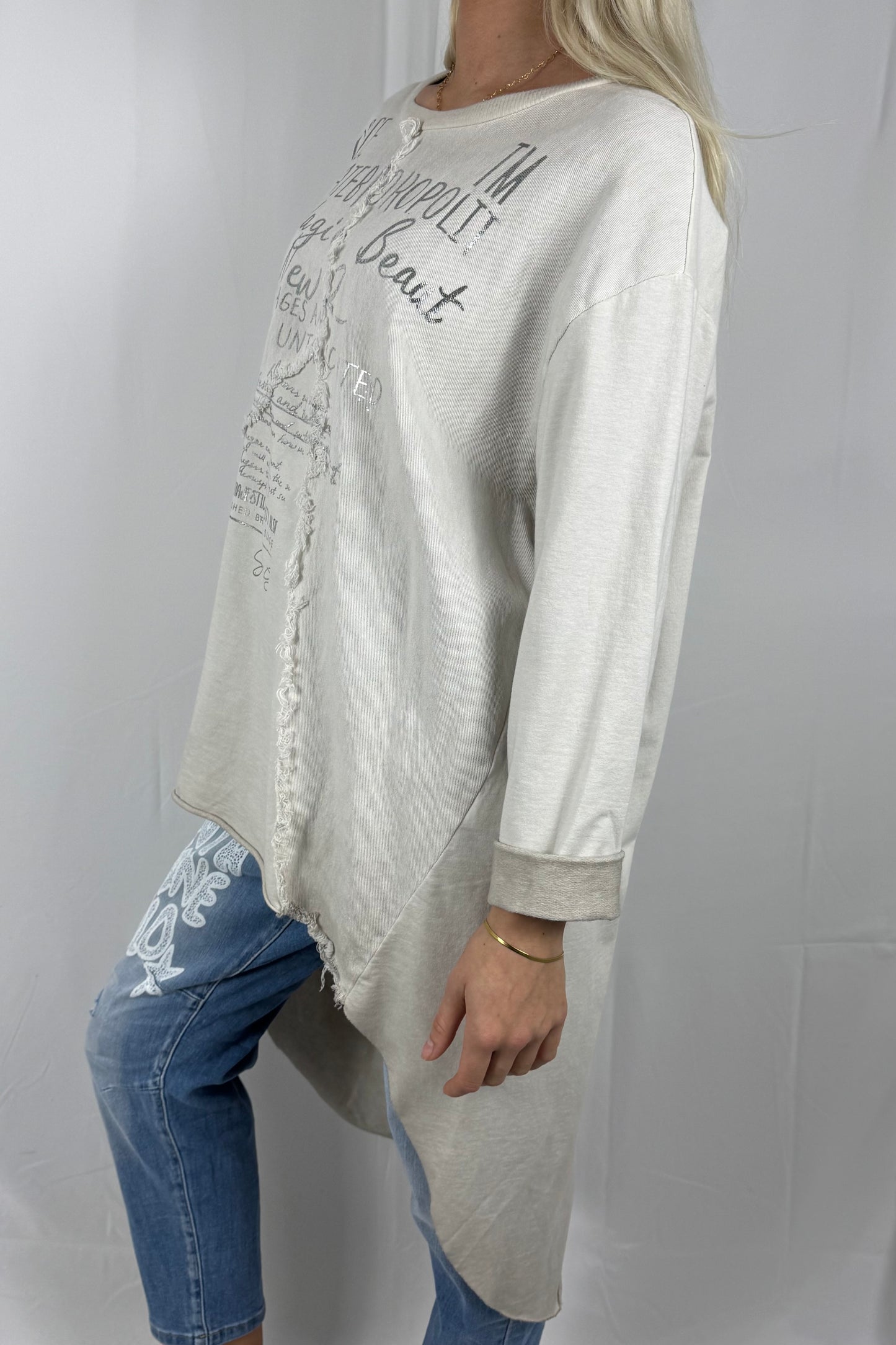 Damen Oversize Longshirt mit Schrift Print-Beige