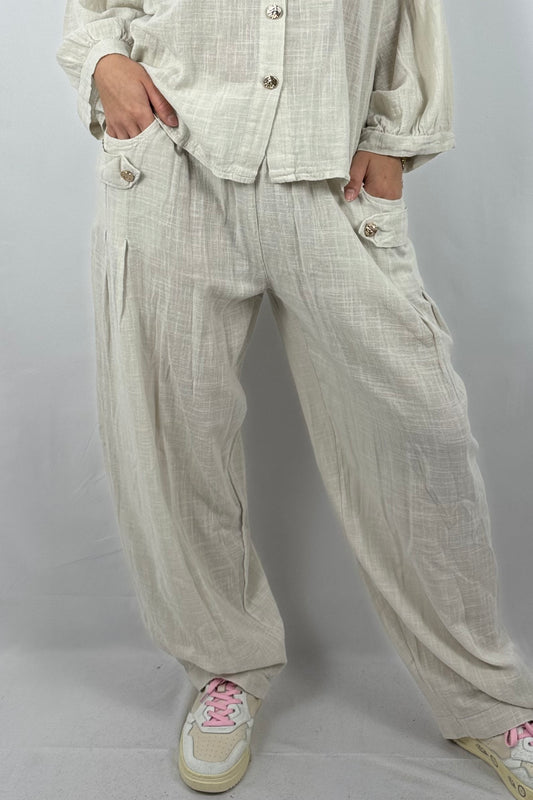 Baumwollhose mit elastischem Bund und Cargo-Taschen-Beige