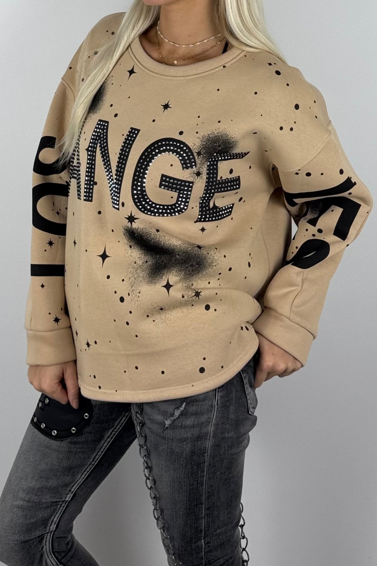 Damen-Sweatshirt mit „Los Angeles“-Schriftzug und Glitzersteinen - Beige