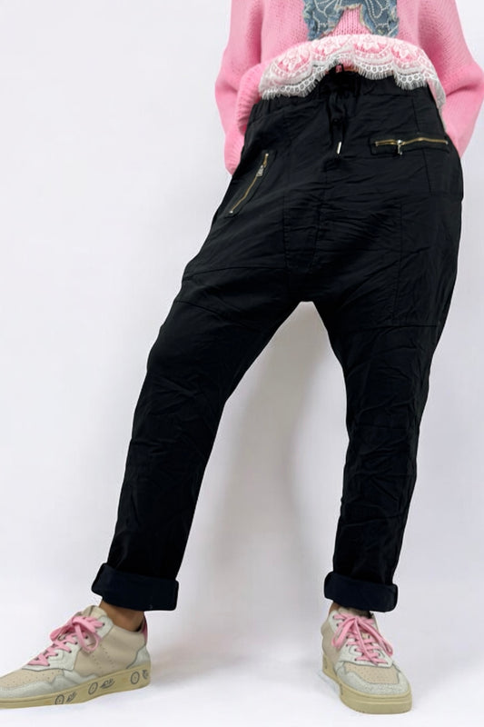 Hose mit elastischem Bund & Reißverschlusstaschen-Schwarz